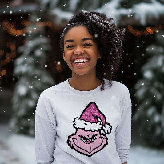 Glitter Pink Grinch Face Crewneck